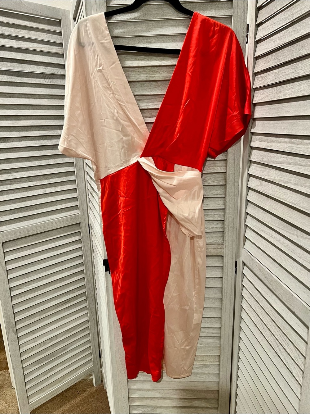 One-Shoulder Red and Cream Wrap Dress with Twist Detail